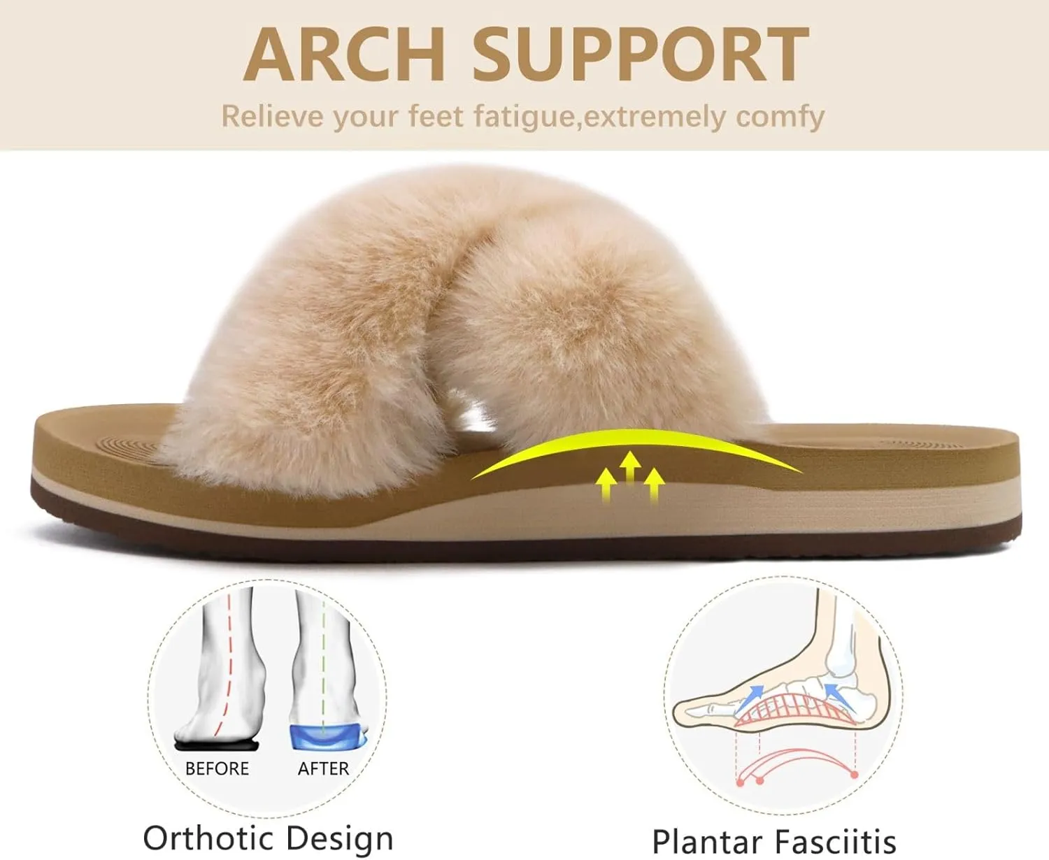 COFACE Womens Fuzzy Slides Fluff Faux Fur Cross Slippers Open Toe Yoga Mat House Slippers Sandals With Arch Support For Indoor/Outdoor