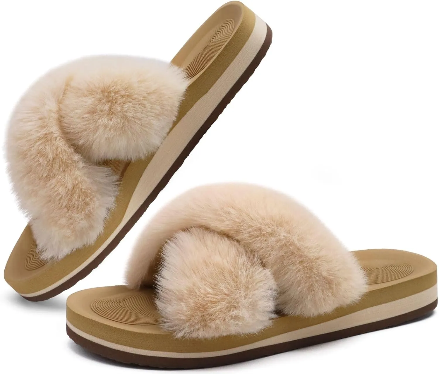 COFACE Womens Fuzzy Slides Fluff Faux Fur Cross Slippers Open Toe Yoga Mat House Slippers Sandals With Arch Support For Indoor/Outdoor