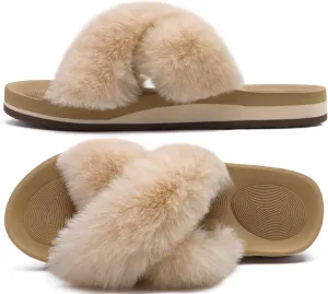 COFACE Womens Fuzzy Slides Fluff Faux Fur Cross Slippers Open Toe Yoga Mat House Slippers Sandals With Arch Support For Indoor/Outdoor