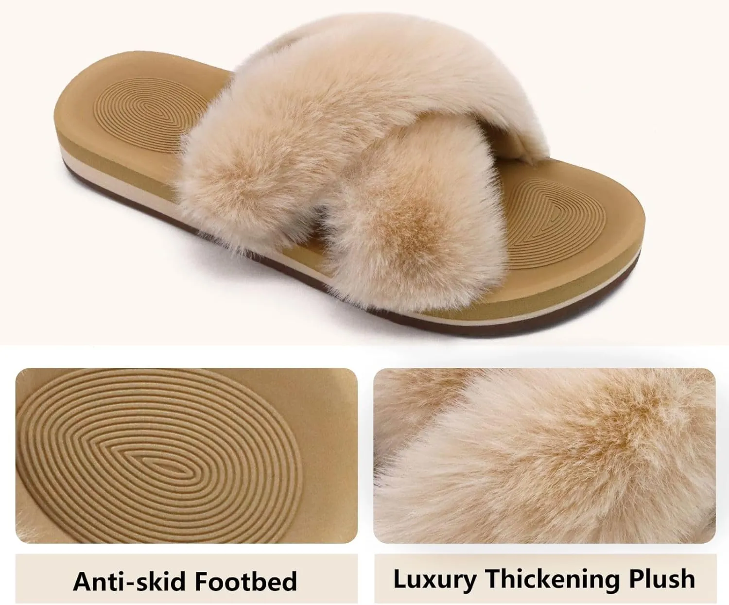 COFACE Womens Fuzzy Slides Fluff Faux Fur Cross Slippers Open Toe Yoga Mat House Slippers Sandals With Arch Support For Indoor/Outdoor