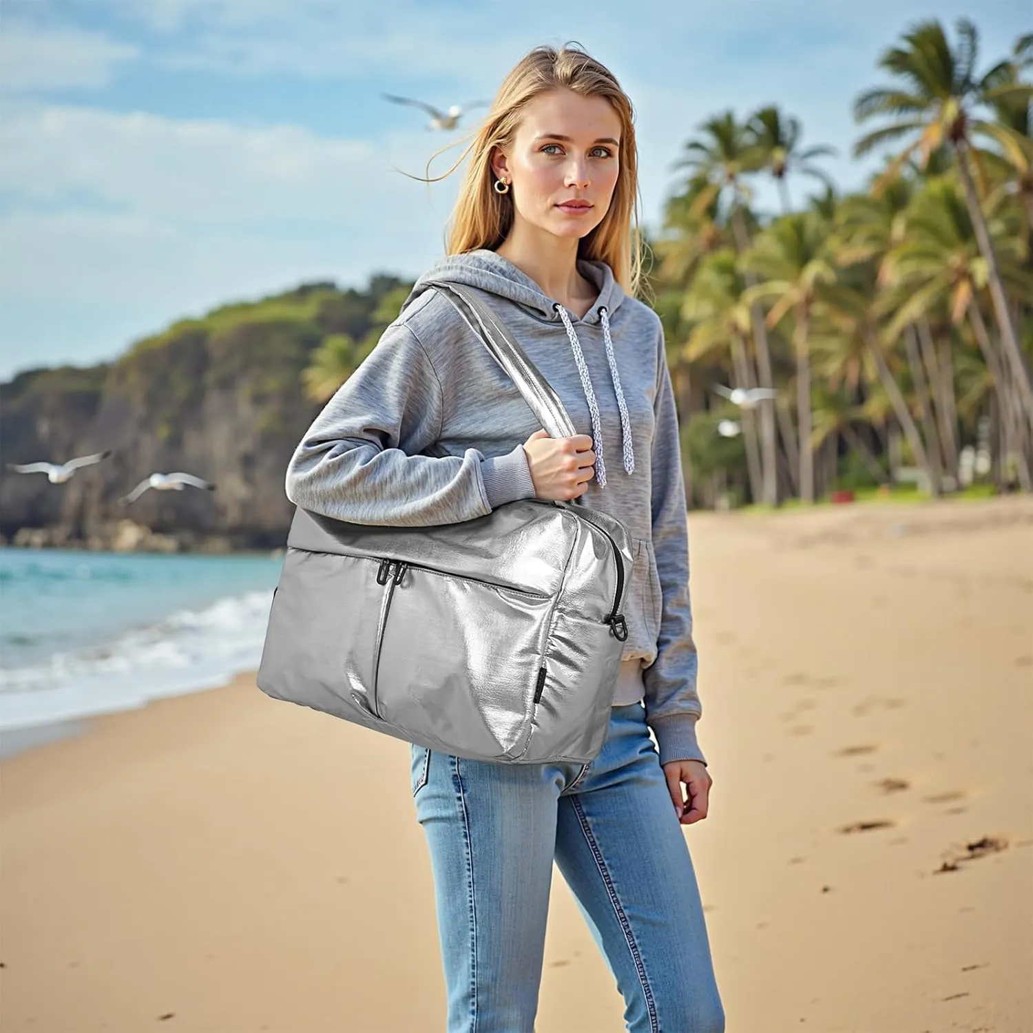 Compact Travel Duffel Bag for Women, 30L Gym Bag - Stylish Weekender Bag with Shoe Pocket, TSA-Approved Carry-On for Airplane, Fitness, Weekend Getaway(Silver)