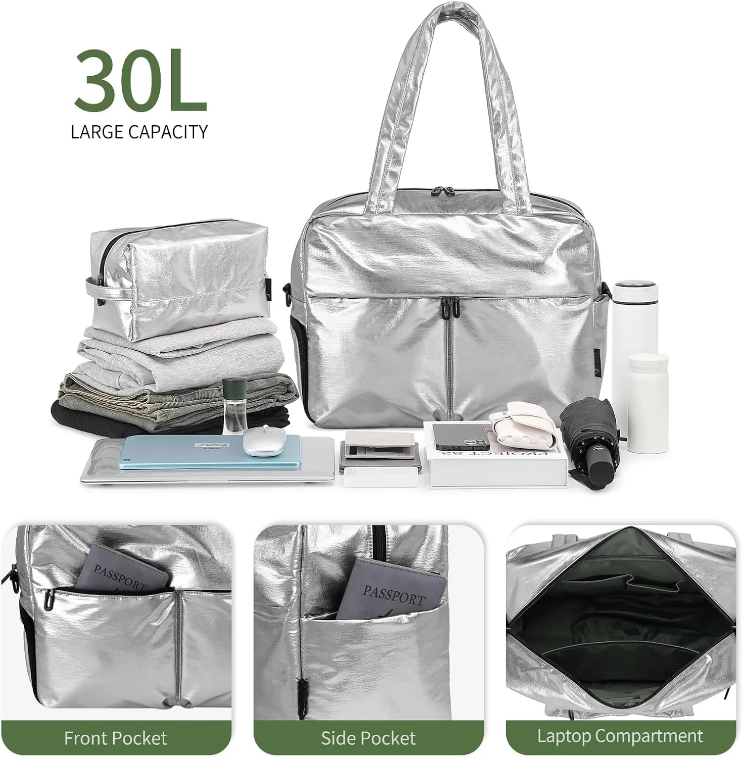 Compact Travel Duffel Bag for Women, 30L Gym Bag - Stylish Weekender Bag with Shoe Pocket, TSA-Approved Carry-On for Airplane, Fitness, Weekend Getaway(Silver)