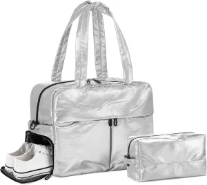 Compact Travel Duffel Bag for Women, 30L Gym Bag - Stylish Weekender Bag with Shoe Pocket, TSA-Approved Carry-On for Airplane, Fitness, Weekend Getaway(Silver)