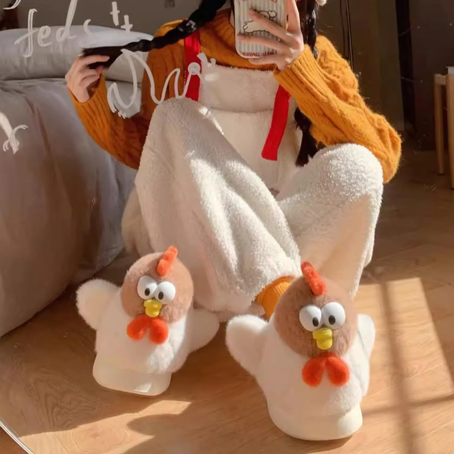Cute Cartoon Animal Chicken Slippers for Women, Soft Plush House Warm Slippers Cozy Memory Foam Slip-on Shoes