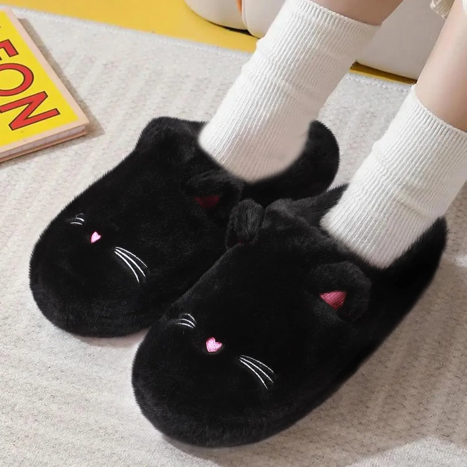 Cute Cat Slippers for Women, Soft Plush House Slippers with Memory Foam, Warm Indoor House Shoes Bedroom Non-Slip Shoes Slip-On Slippers