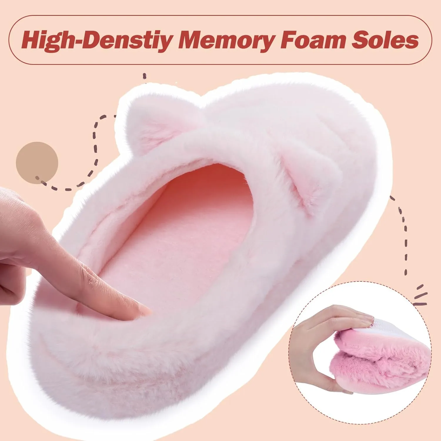 Cute Cat Slippers for Women, Soft Plush House Slippers with Memory Foam, Warm Indoor House Shoes Bedroom Non-Slip Shoes Slip-On Slippers