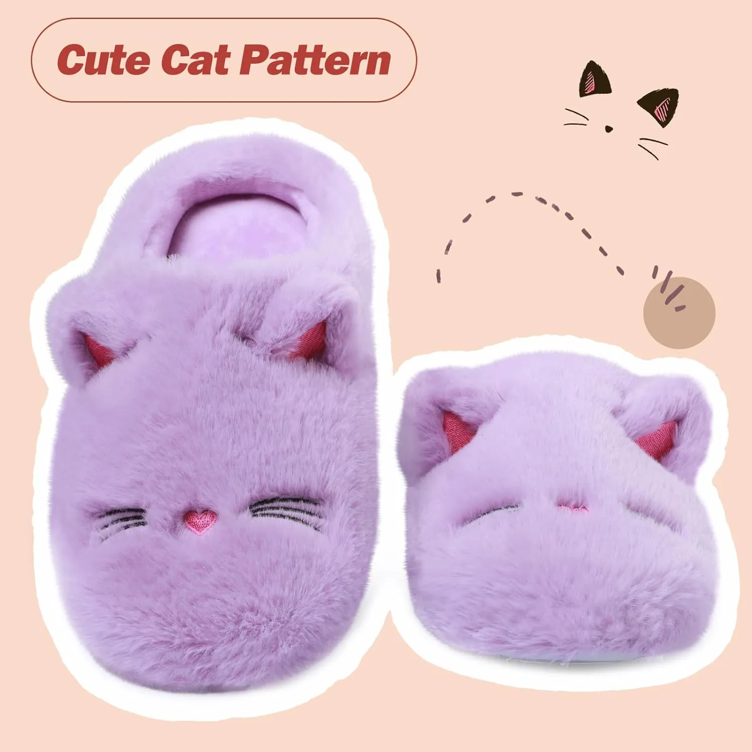 Cute Cat Slippers for Women, Soft Plush House Slippers with Memory Foam, Warm Indoor House Shoes Bedroom Non-Slip Shoes Slip-On Slippers
