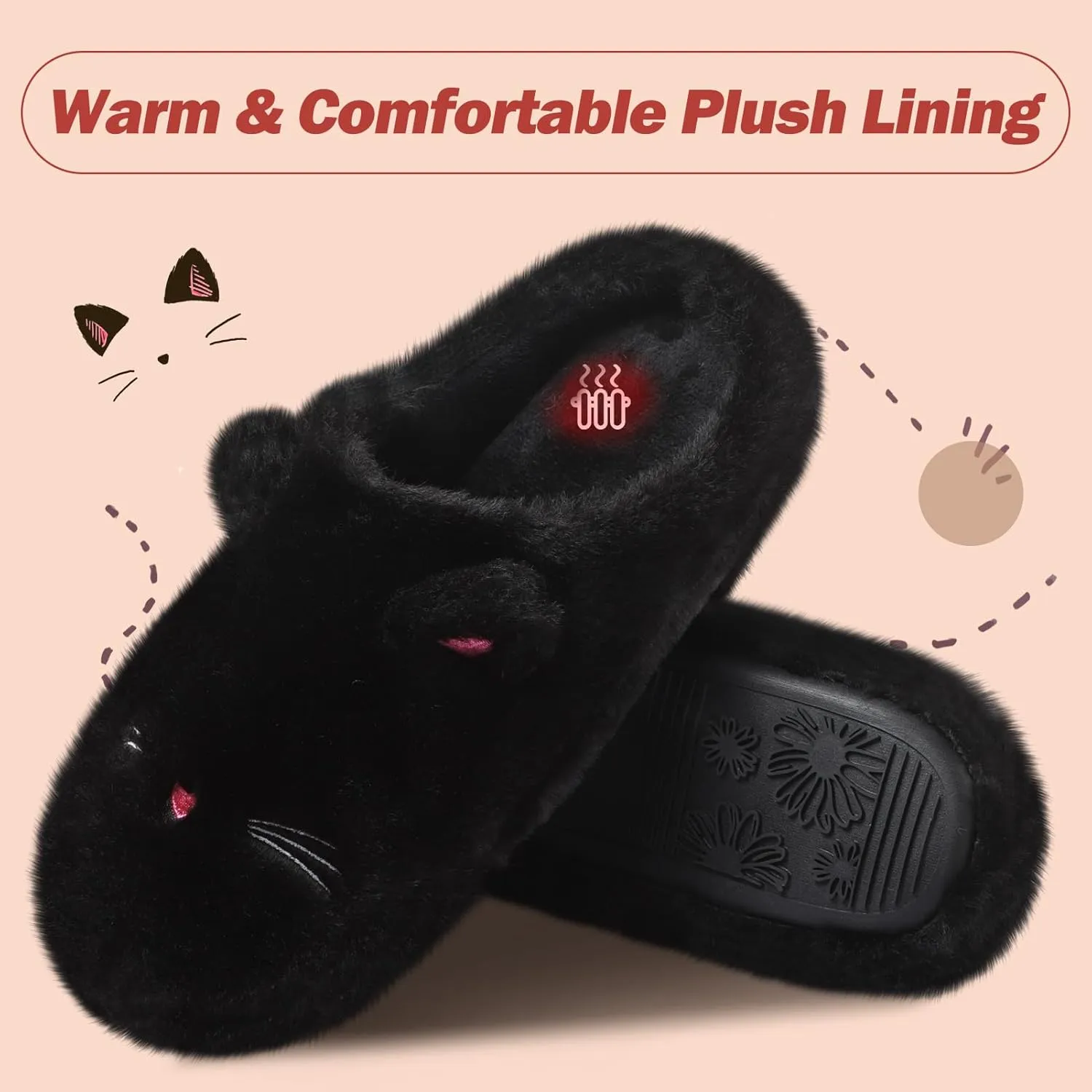 Cute Cat Slippers for Women, Soft Plush House Slippers with Memory Foam, Warm Indoor House Shoes Bedroom Non-Slip Shoes Slip-On Slippers