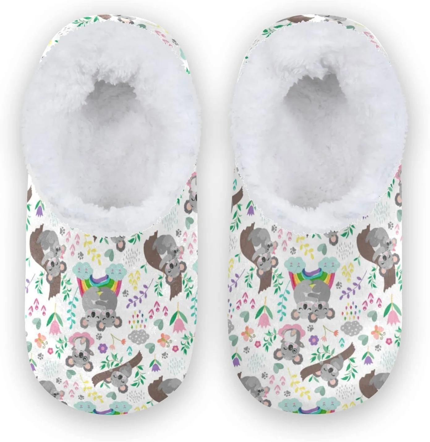 Cute Koala Bear Kids House Slippers Rainbow Flower Boys Closed Back Fuzzy Feet Slippers Girls Coral Fleece Slipper Socks No Skid Warm Cozy Home Slippers For Indoor Outdoor Winter Bedroom
