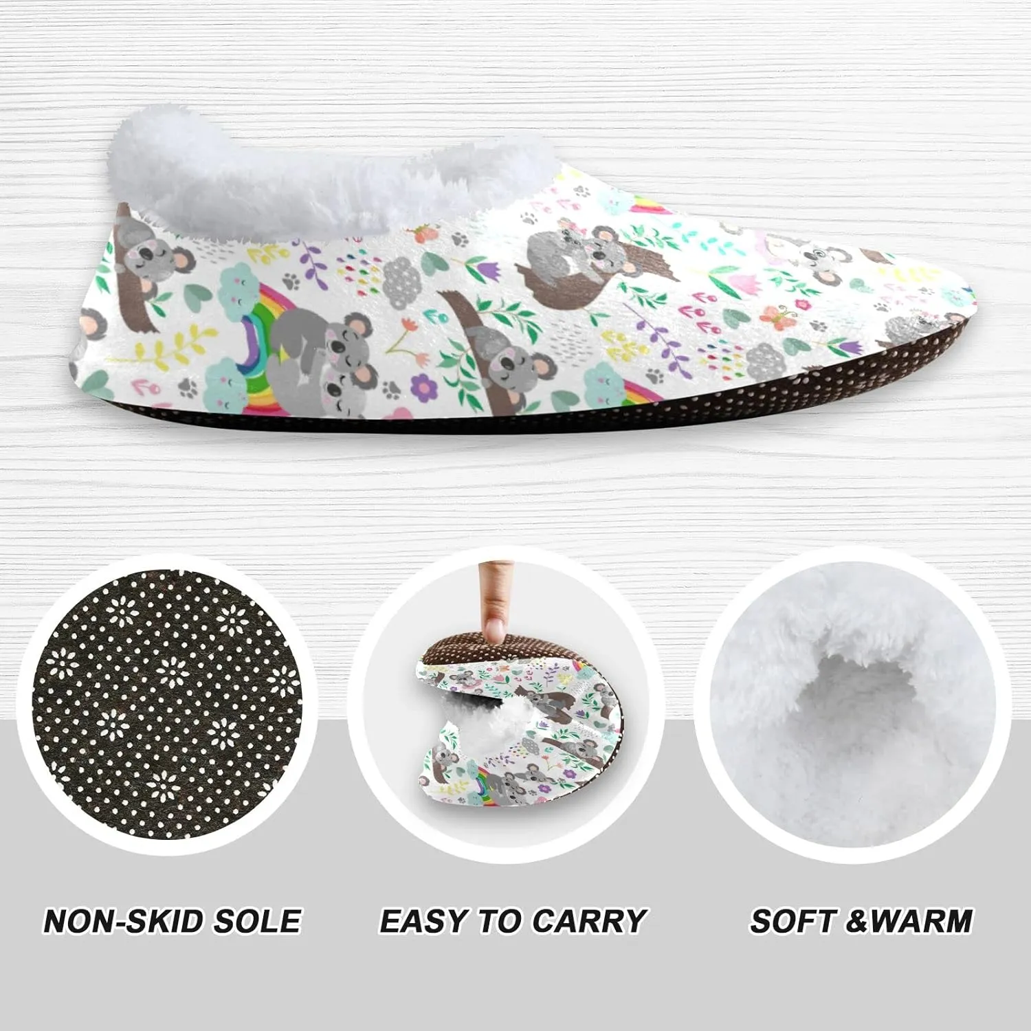 Cute Koala Bear Kids House Slippers Rainbow Flower Boys Closed Back Fuzzy Feet Slippers Girls Coral Fleece Slipper Socks No Skid Warm Cozy Home Slippers For Indoor Outdoor Winter Bedroom