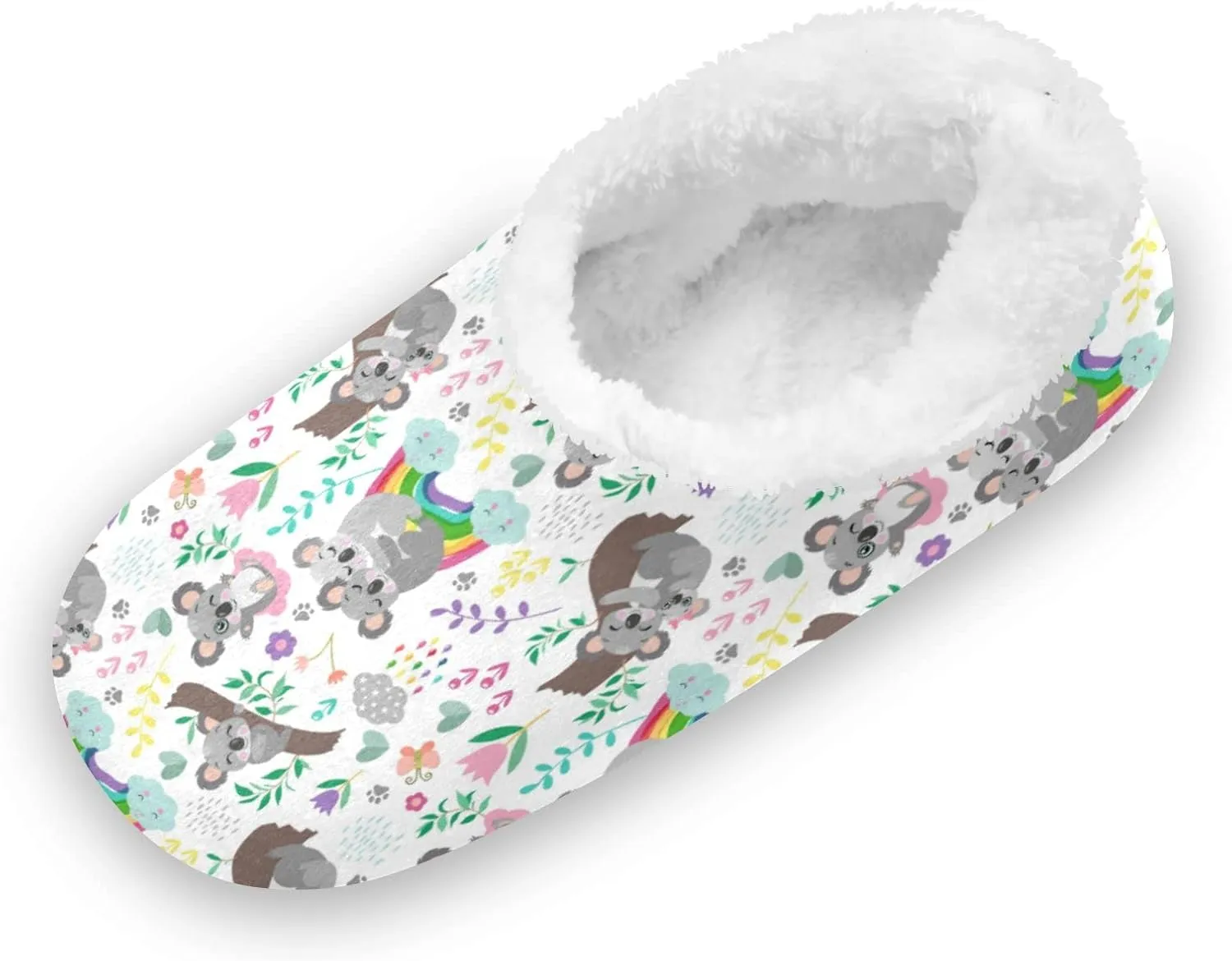 Cute Koala Bear Kids House Slippers Rainbow Flower Boys Closed Back Fuzzy Feet Slippers Girls Coral Fleece Slipper Socks No Skid Warm Cozy Home Slippers For Indoor Outdoor Winter Bedroom
