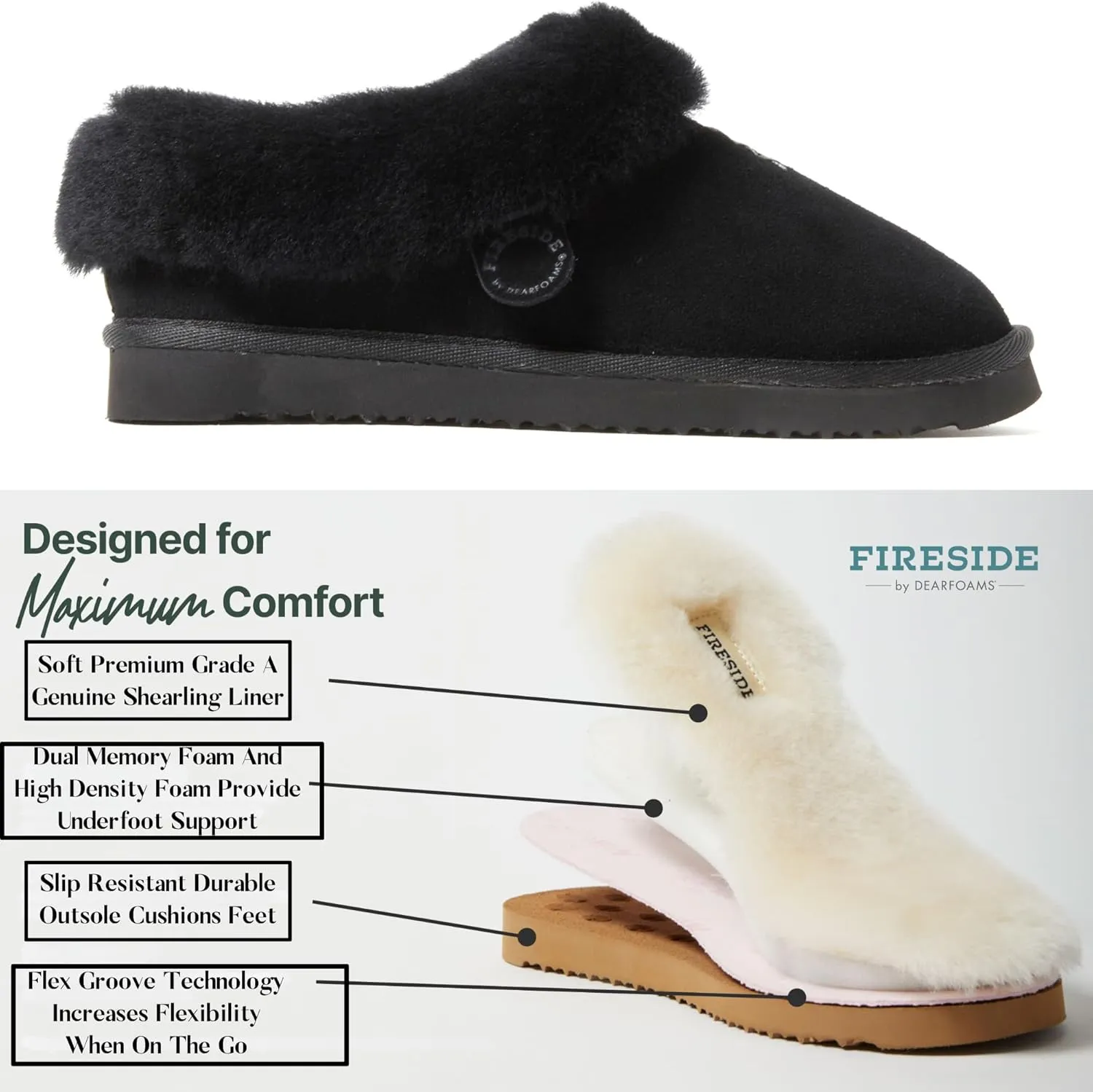 Dearfoams Fireside Adelaide Genuine Shearling Soft Comfy Memory Foam Plush Indoor House Shoe Clog Slipper