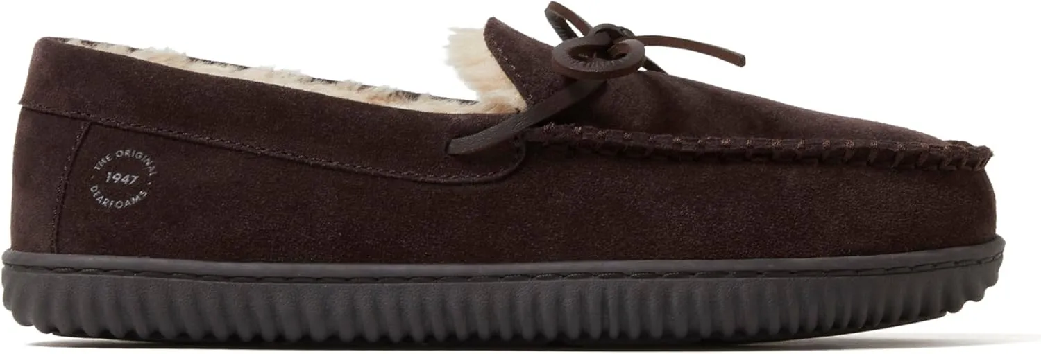 Dearfoams Men's Hudson Genuine Suede Memory Foam Moccasin Slipper with Tie