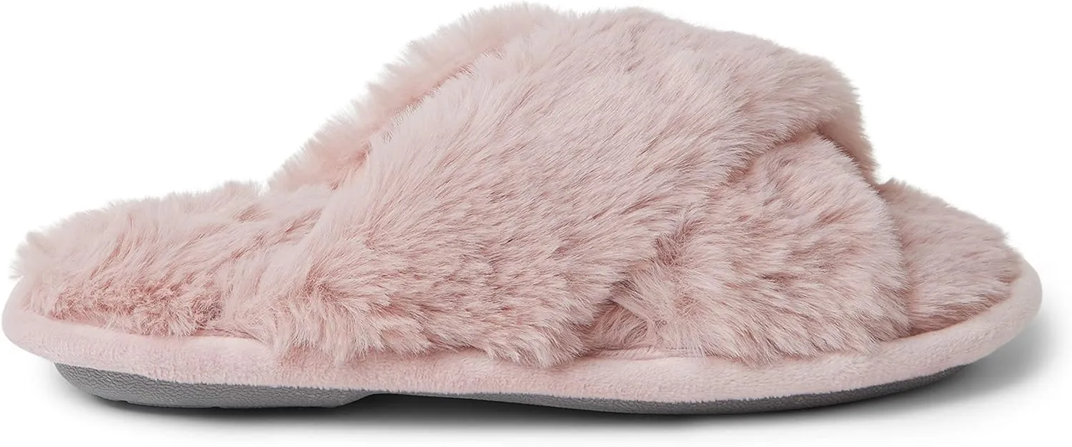 Dearfoams Unisex-Child Ava Kids Printed Detail faux faux fur Cross Band Slide Slipper