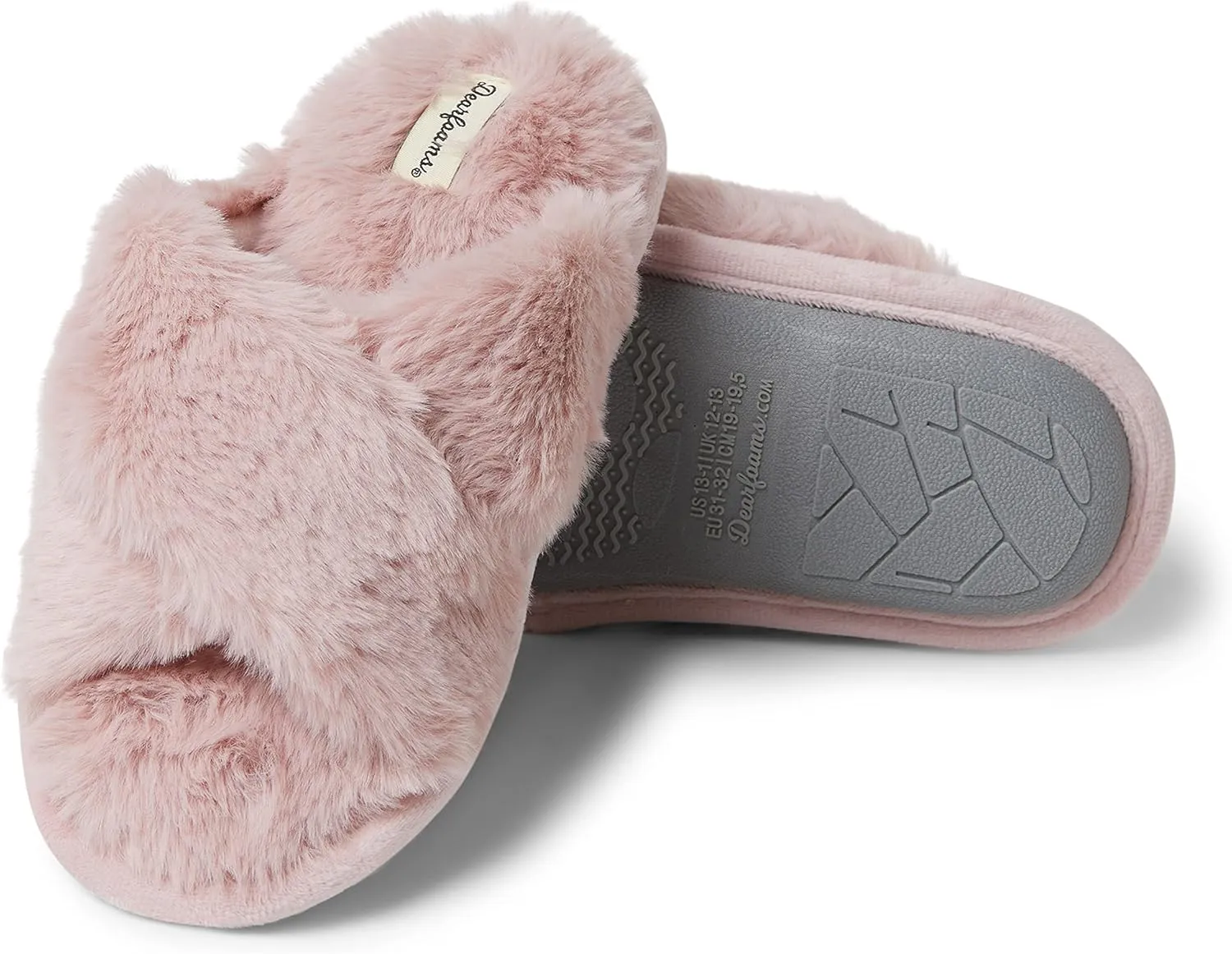 Dearfoams Unisex-Child Ava Kids Printed Detail faux faux fur Cross Band Slide Slipper