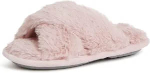 Dearfoams Unisex-Child Ava Kids Printed Detail faux faux fur Cross Band Slide Slipper