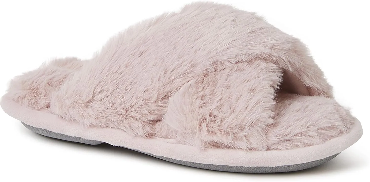 Dearfoams Unisex-Child Ava Kids Printed Detail faux faux fur Cross Band Slide Slipper