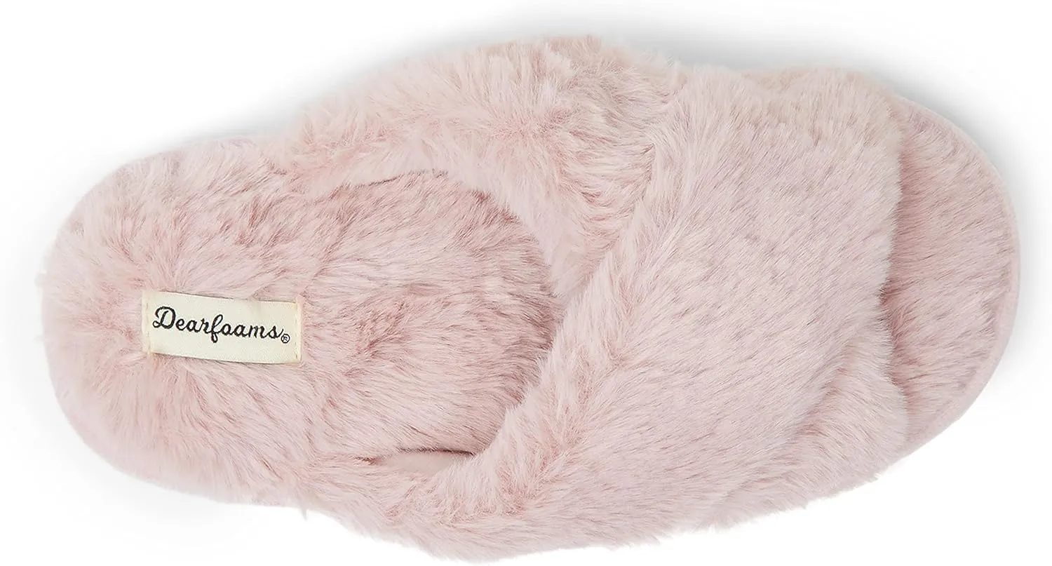 Dearfoams Unisex-Child Ava Kids Printed Detail faux faux fur Cross Band Slide Slipper