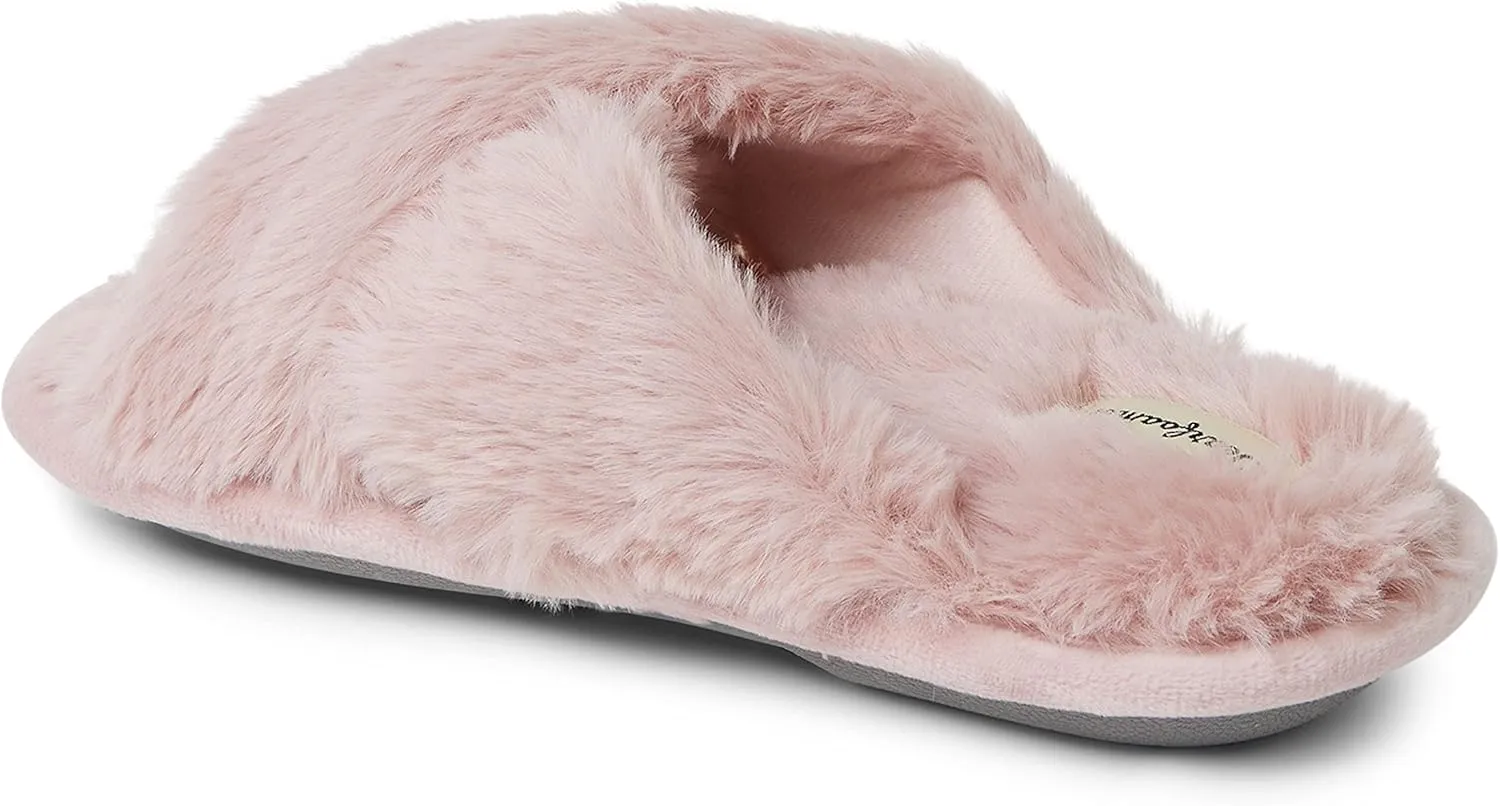 Dearfoams Unisex-Child Ava Kids Printed Detail faux faux fur Cross Band Slide Slipper