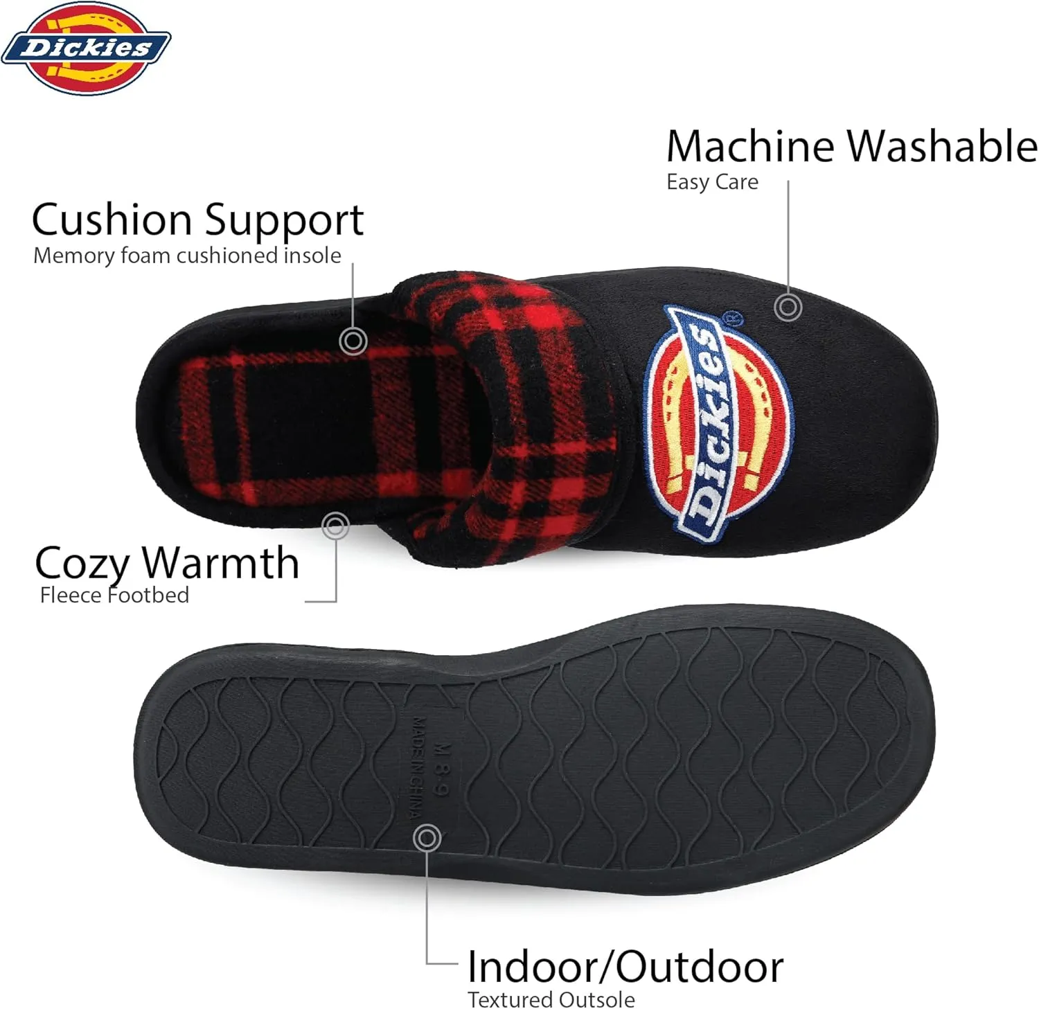 Dickies Men's Slide-on Memory Foam Scuff Slipper with Embroidered Logo-Indoor/Outdoor Sole