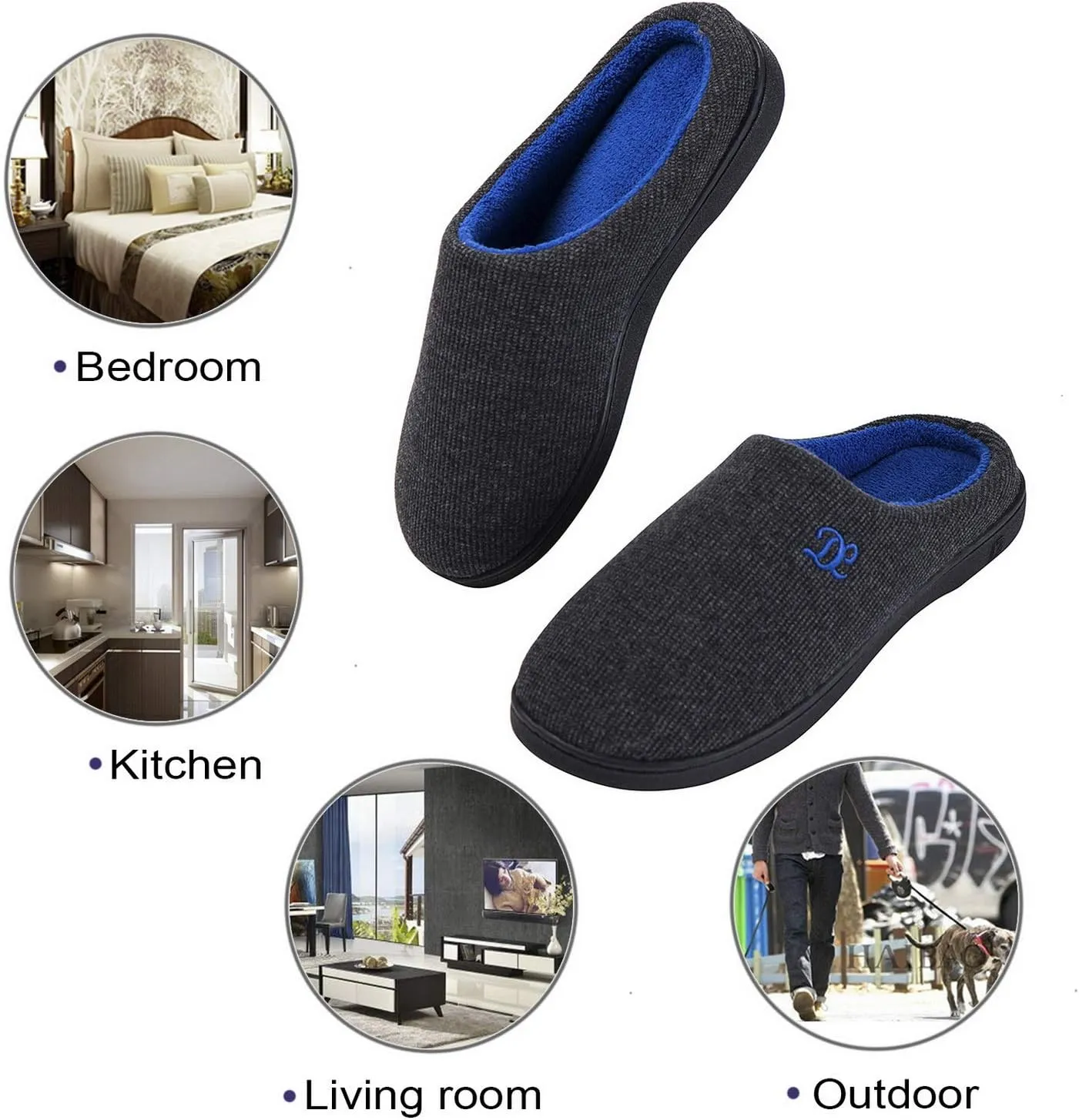 DL Mens Memory Foam Slippers - Comfortable House Slippers For Men, Indoor Outdoor, Closed Toe Black Gray Navy