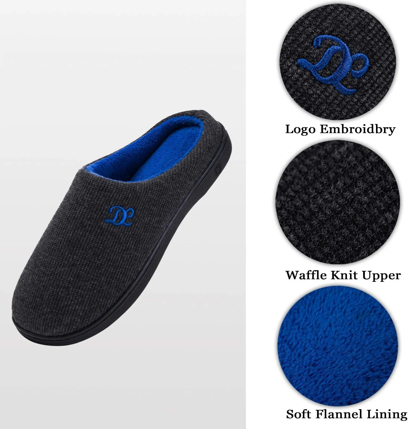 DL Mens Memory Foam Slippers - Comfortable House Slippers For Men, Indoor Outdoor, Closed Toe Black Gray Navy