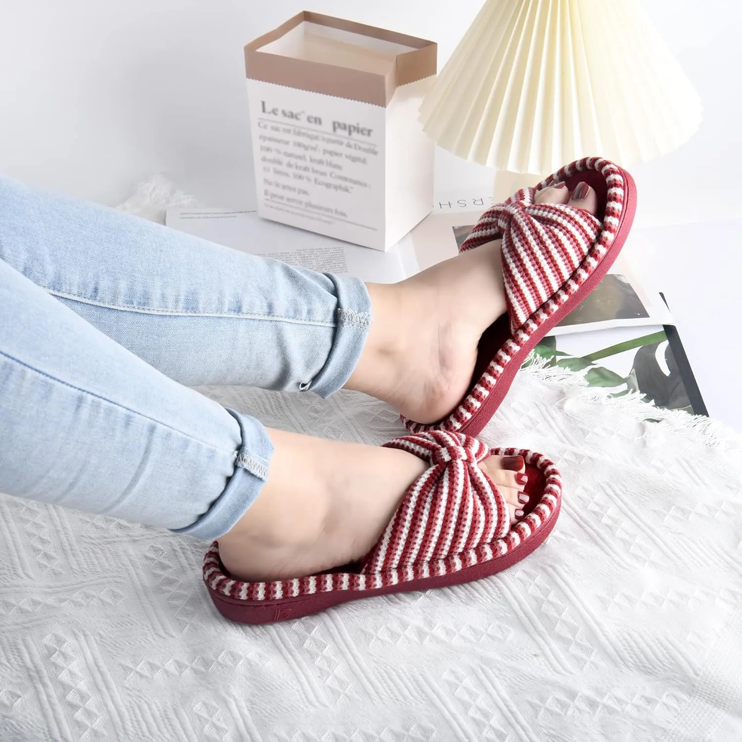 DL Women's Memory Foam Open Toe Slide Slippers with Cute Bow and Cozy Terry Lining, Slip-on House Shoes Spa Mules Sandals with Indoor Outdoor Rubber Sole