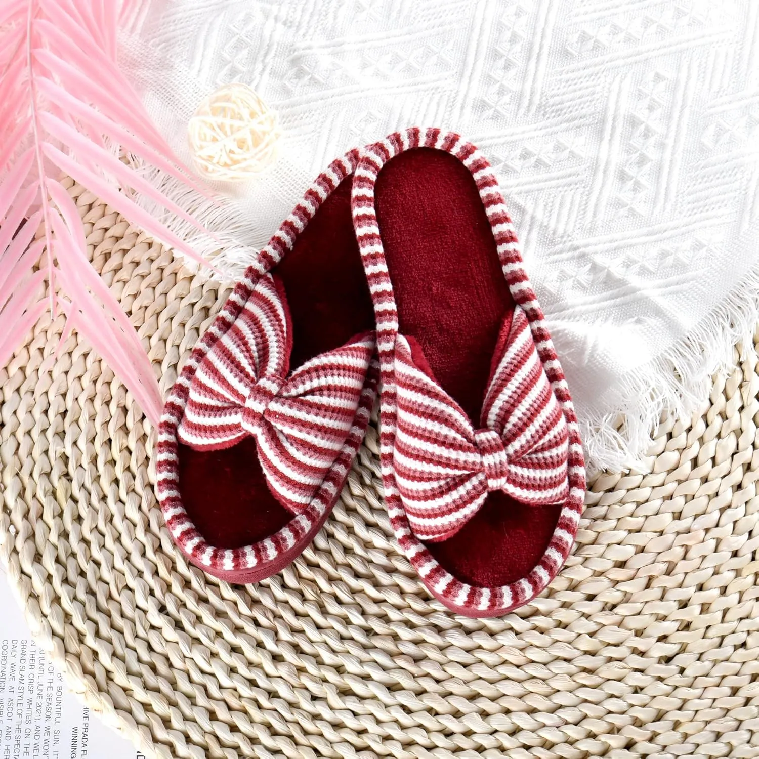 DL Women's Memory Foam Open Toe Slide Slippers with Cute Bow and Cozy Terry Lining, Slip-on House Shoes Spa Mules Sandals with Indoor Outdoor Rubber Sole
