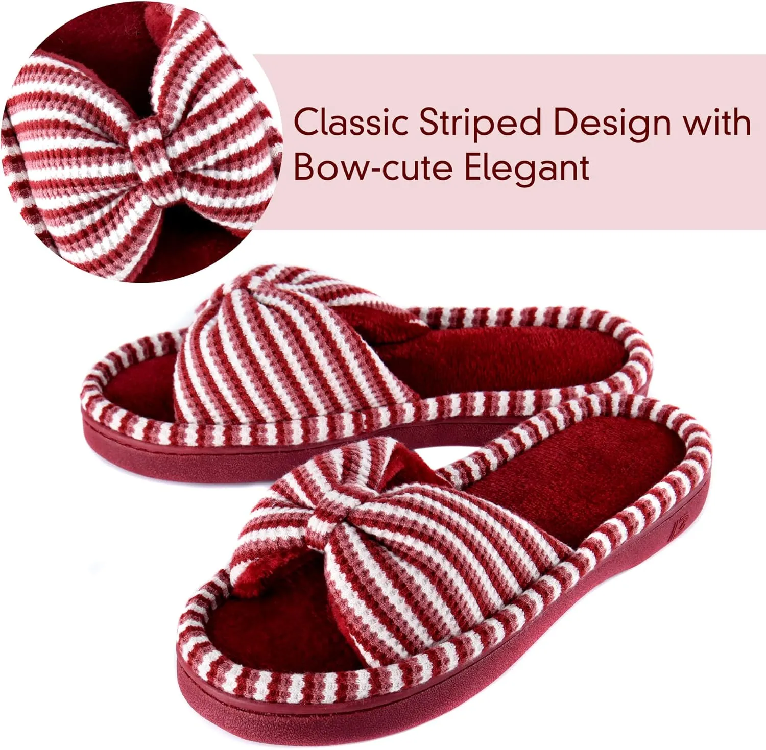 DL Women's Memory Foam Open Toe Slide Slippers with Cute Bow and Cozy Terry Lining, Slip-on House Shoes Spa Mules Sandals with Indoor Outdoor Rubber Sole