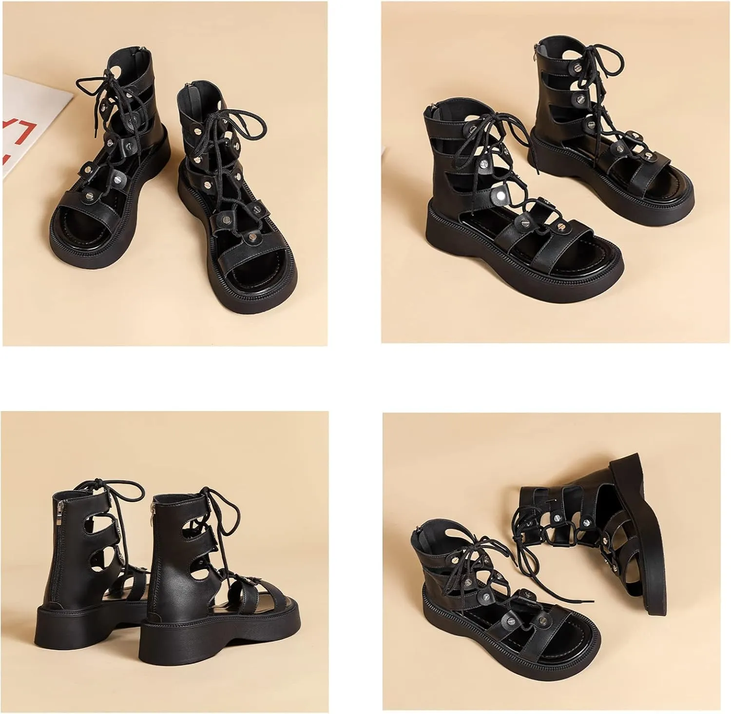 EFTCAL Women's Lace Up Thick Sole High Top Roman Sandals,Open Toe Cutout Breathable Comfortable Flat Casual Fashion Leather Sexy Gladiator Sandal