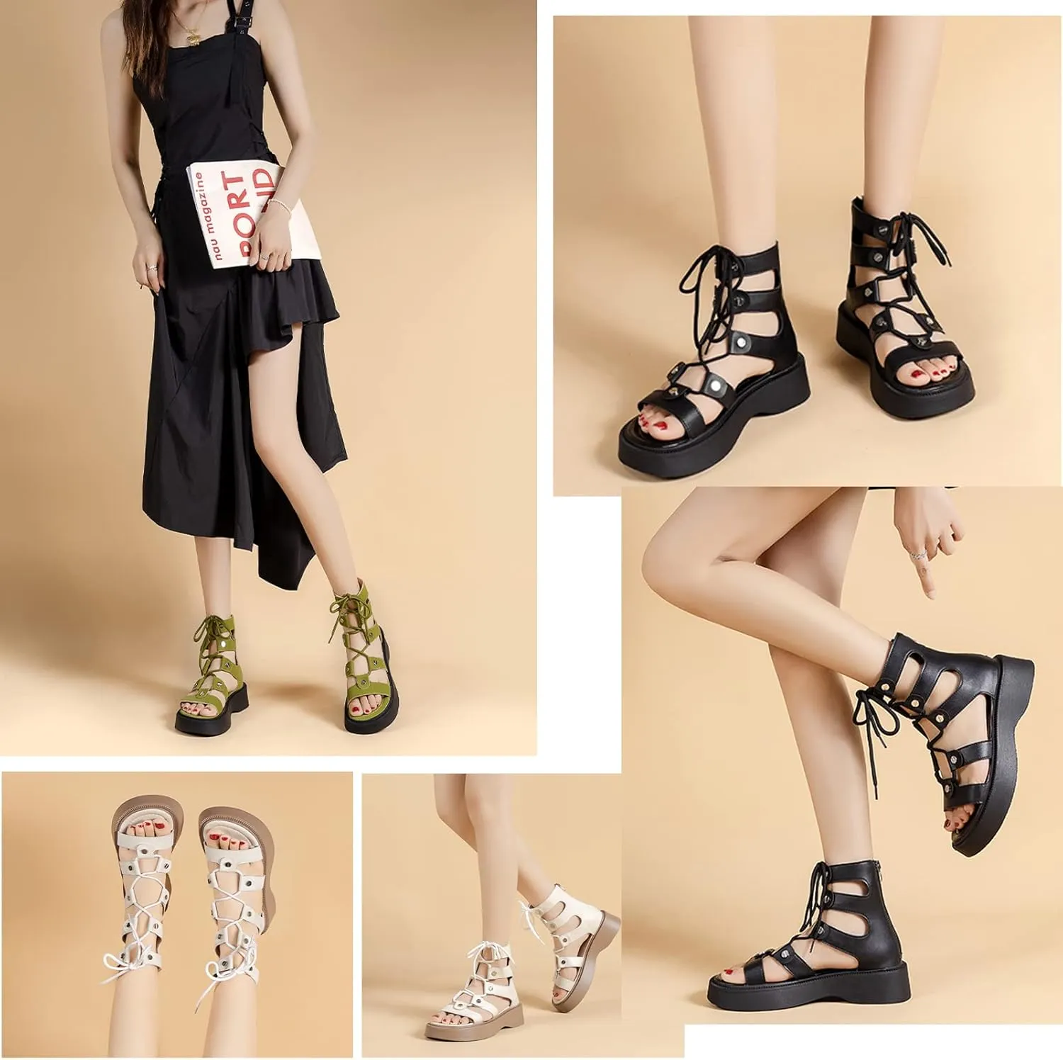 EFTCAL Women's Lace Up Thick Sole High Top Roman Sandals,Open Toe Cutout Breathable Comfortable Flat Casual Fashion Leather Sexy Gladiator Sandal