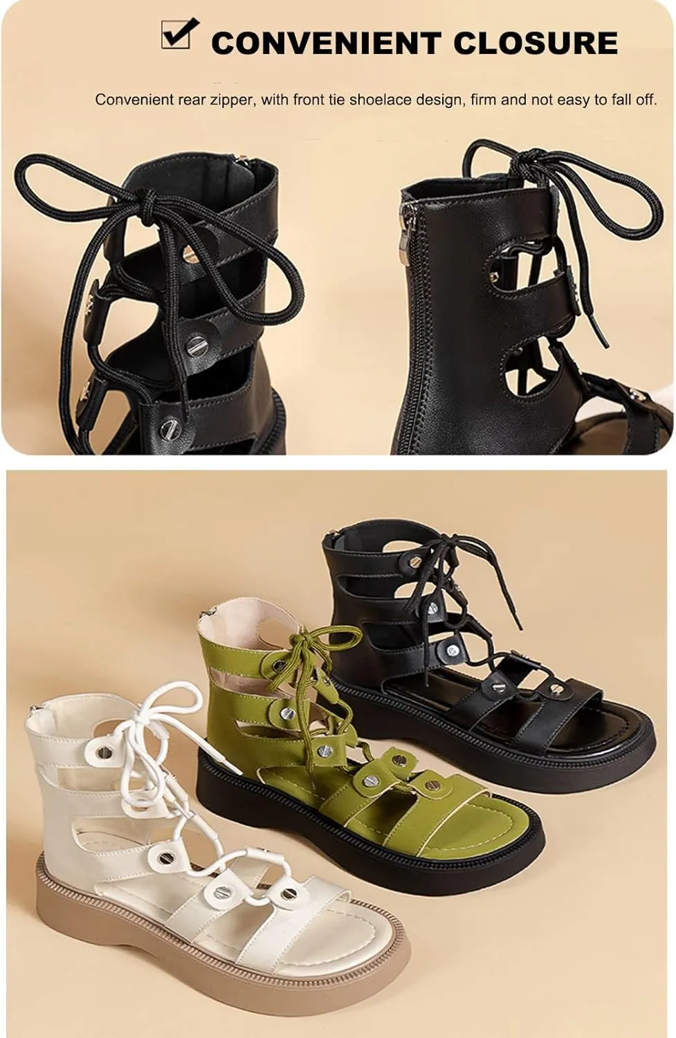 EFTCAL Women's Lace Up Thick Sole High Top Roman Sandals,Open Toe Cutout Breathable Comfortable Flat Casual Fashion Leather Sexy Gladiator Sandal