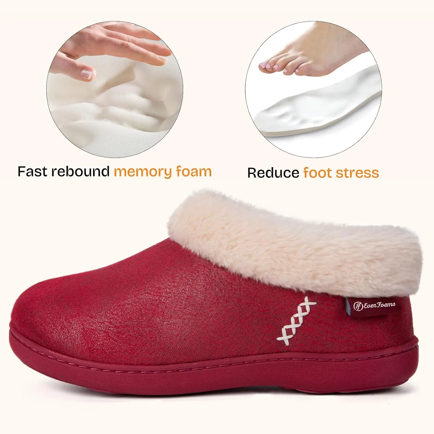 EverFoams Women's Micro Suede Cozy Memory Foam Winter Slippers with Fuzzy Faux Fur Collar and Indoor Outdoor Rubber Sole