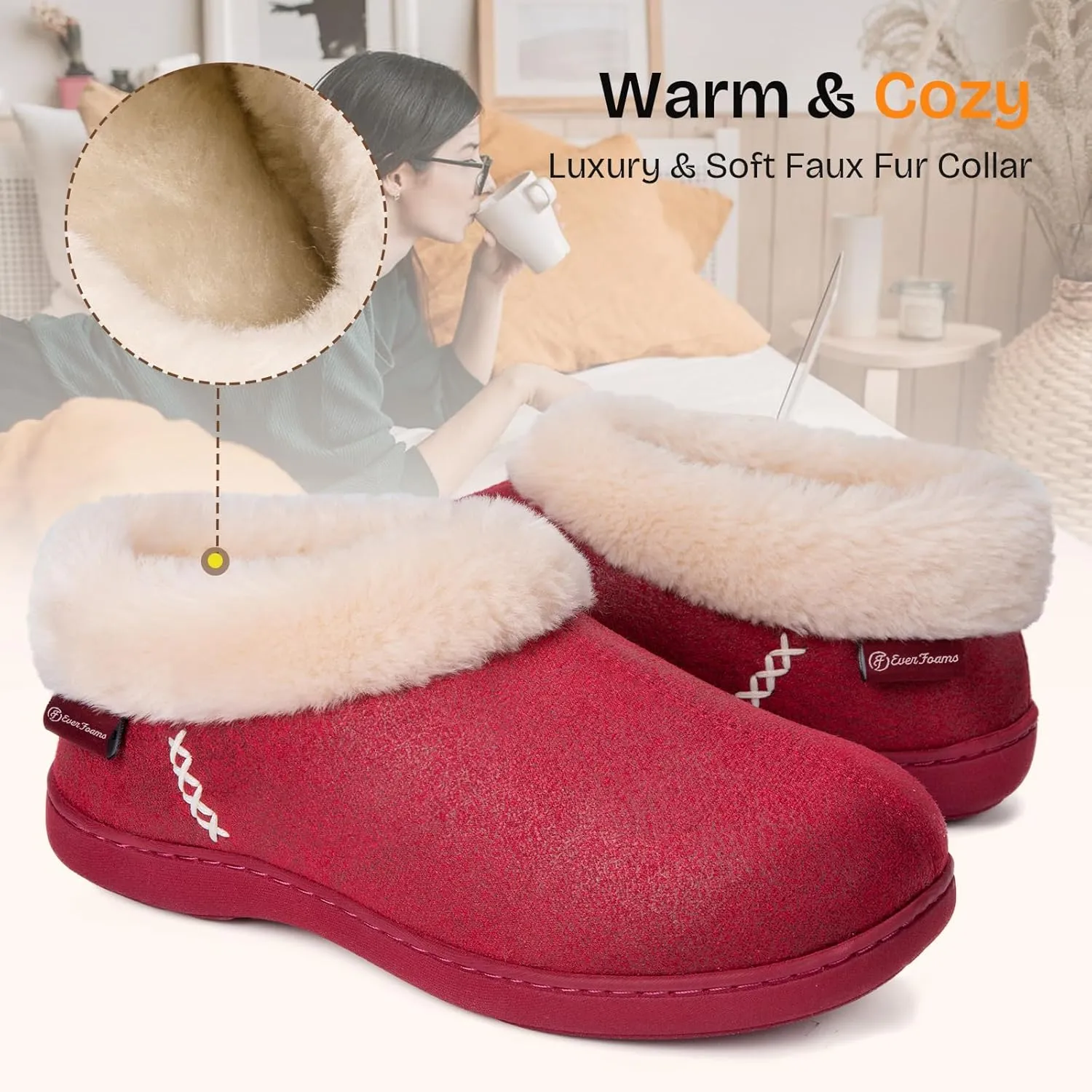 EverFoams Women's Micro Suede Cozy Memory Foam Winter Slippers with Fuzzy Faux Fur Collar and Indoor Outdoor Rubber Sole