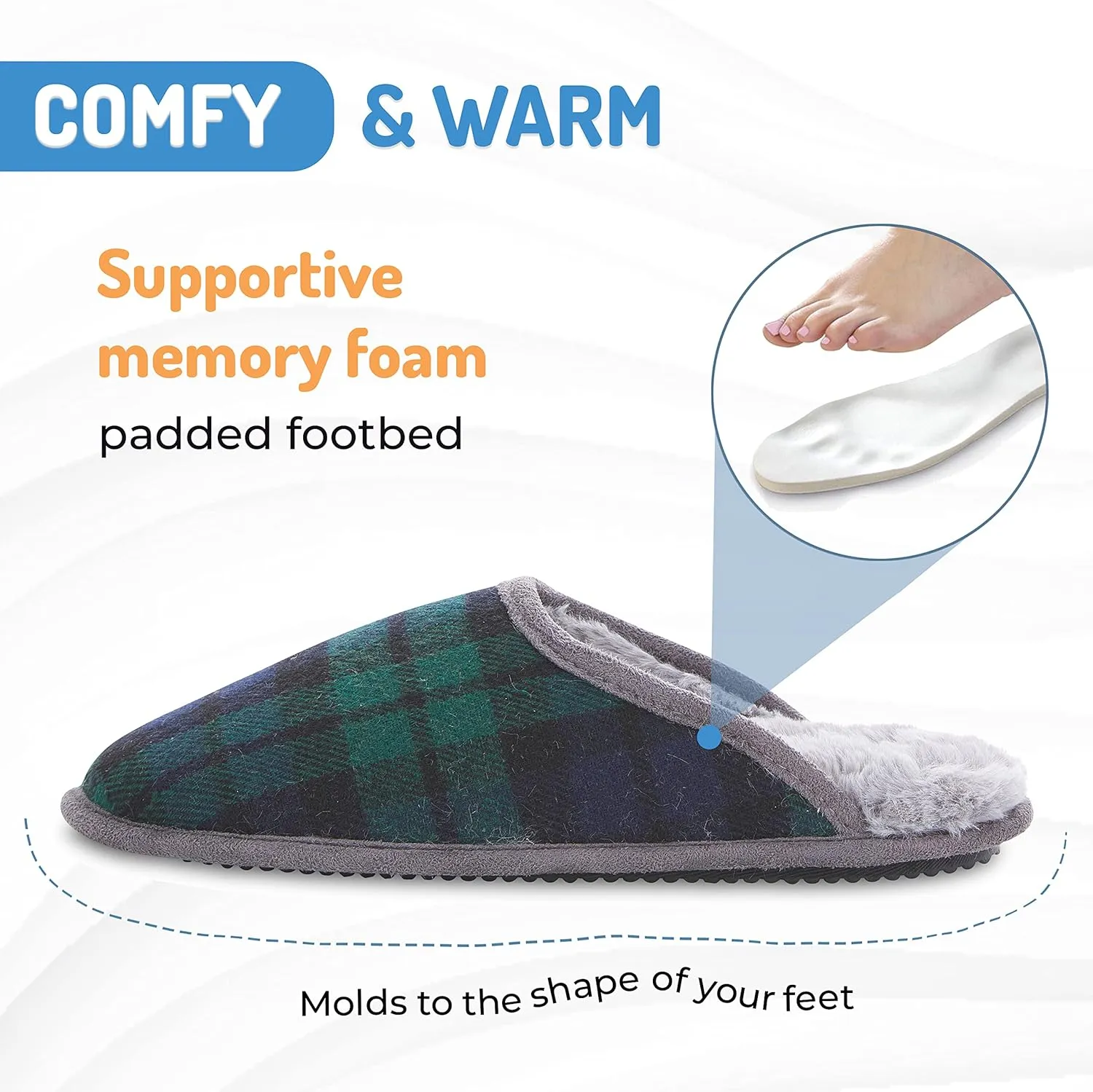 Floopi Slippers for Women Kelly Indoor Outdoor Plaid Faux Sherpa Fur Lined Scuff Slipper W/Memory Foam