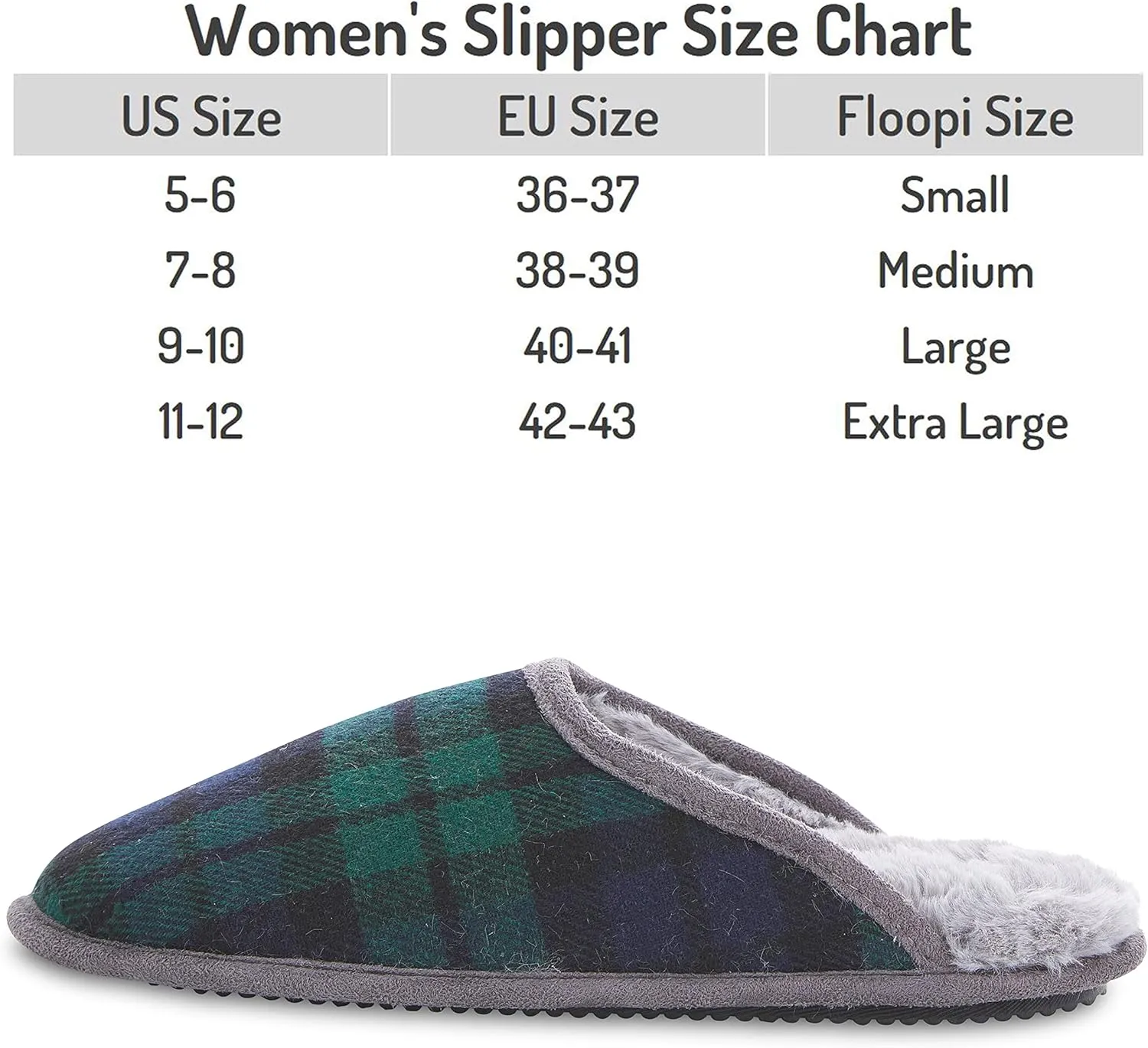 Floopi Slippers for Women Kelly Indoor Outdoor Plaid Faux Sherpa Fur Lined Scuff Slipper W/Memory Foam