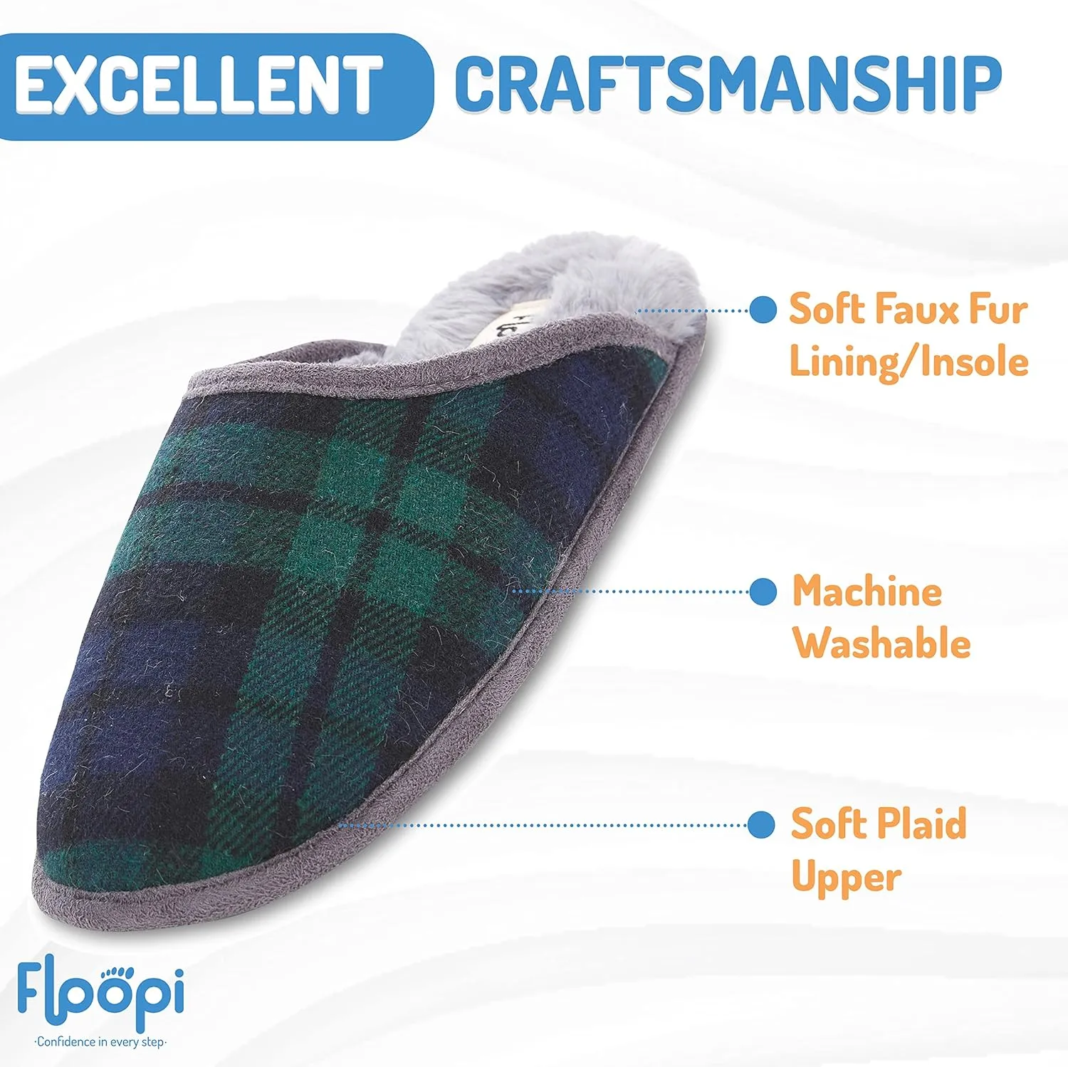 Floopi Slippers for Women Kelly Indoor Outdoor Plaid Faux Sherpa Fur Lined Scuff Slipper W/Memory Foam