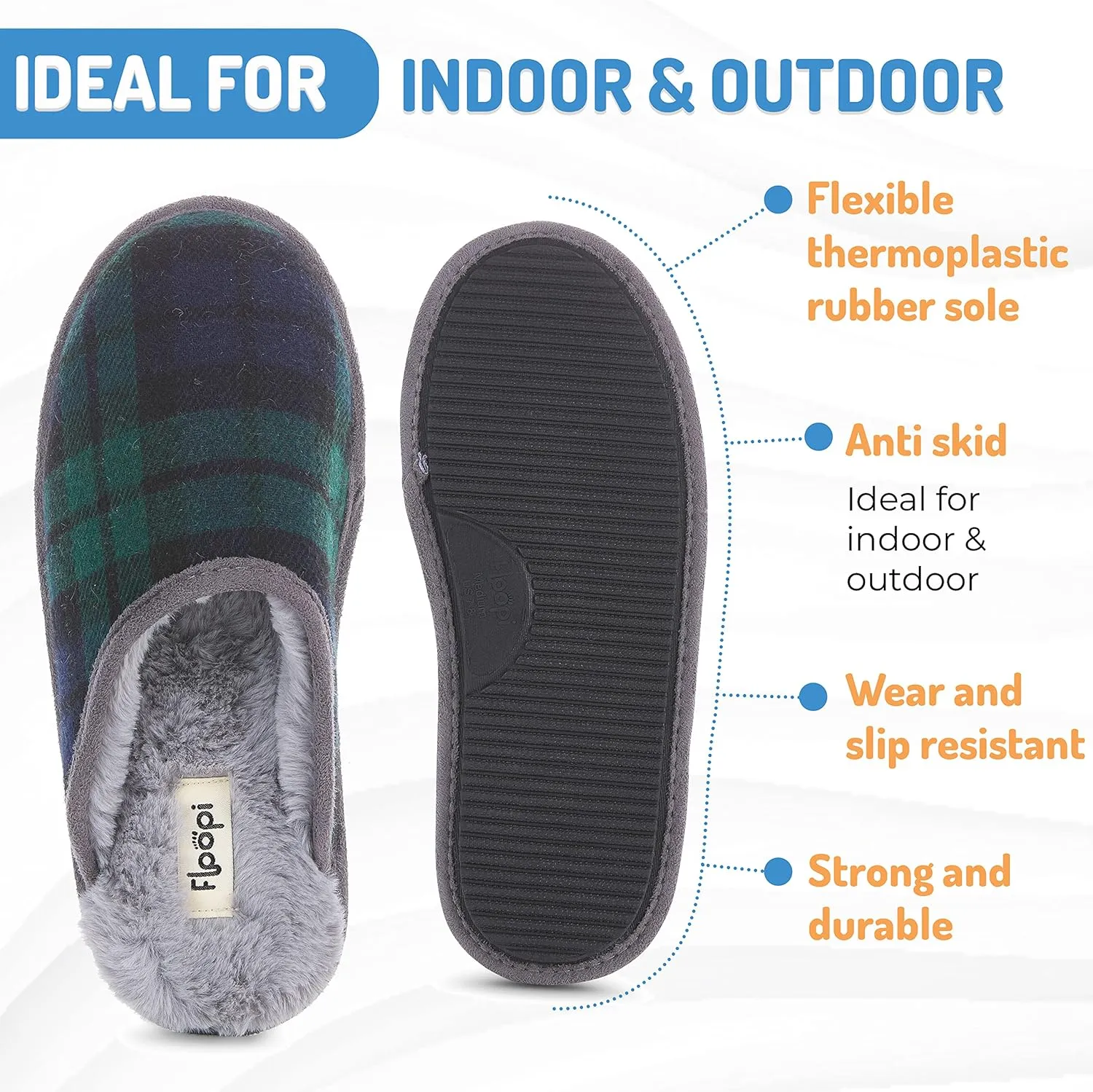 Floopi Slippers for Women Kelly Indoor Outdoor Plaid Faux Sherpa Fur Lined Scuff Slipper W/Memory Foam