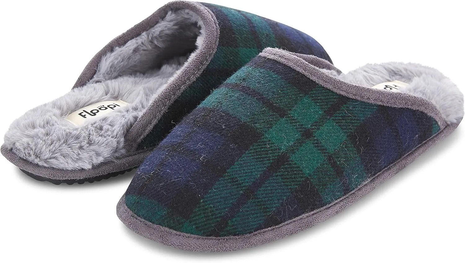 Floopi Slippers for Women Kelly Indoor Outdoor Plaid Faux Sherpa Fur Lined Scuff Slipper W/Memory Foam