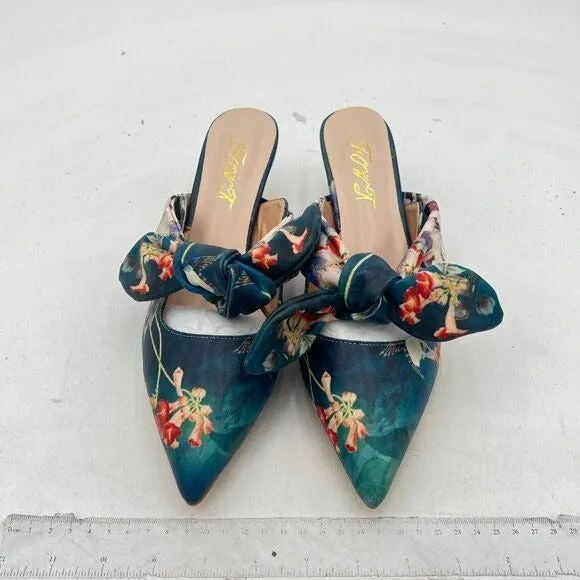 FOWT Pointed Toe Slip On Mules with Bow, Low Kitten Heel Backless Burnished