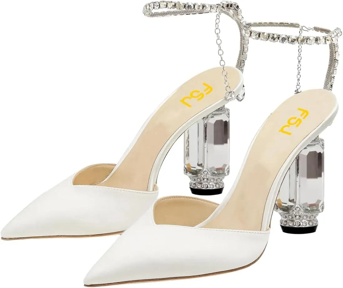 FSJ Women Bridal Heeled Sandals Pointy Toe Crystal Chain Ankle Strap Pumps Luxury Rhinestone Embellished Chunky Heels Wedding Party Dress Shoes Size 4-16 US
