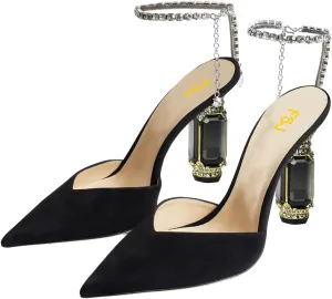 FSJ Women Bridal Heeled Sandals Pointy Toe Crystal Chain Ankle Strap Pumps Luxury Rhinestone Embellished Chunky Heels Wedding Party Dress Shoes Size 4-16 US