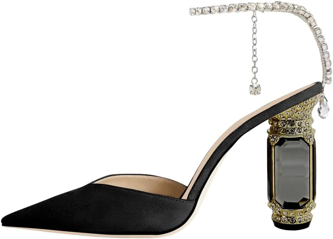 FSJ Women Bridal Heeled Sandals Pointy Toe Crystal Chain Ankle Strap Pumps Luxury Rhinestone Embellished Chunky Heels Wedding Party Dress Shoes Size 4-16 US
