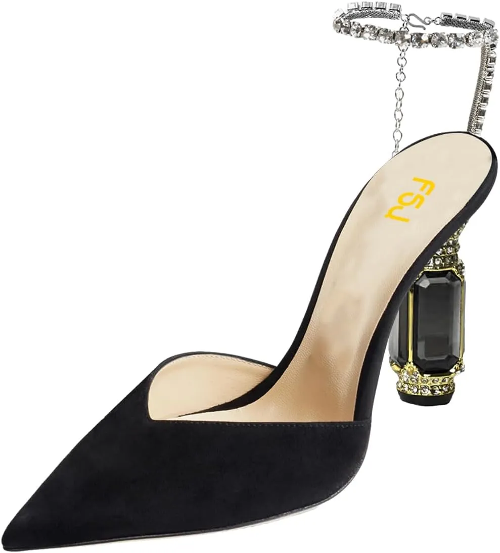 FSJ Women Bridal Heeled Sandals Pointy Toe Crystal Chain Ankle Strap Pumps Luxury Rhinestone Embellished Chunky Heels Wedding Party Dress Shoes Size 4-16 US