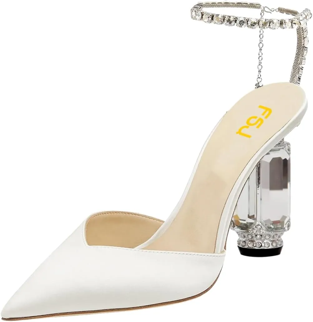 FSJ Women Bridal Heeled Sandals Pointy Toe Crystal Chain Ankle Strap Pumps Luxury Rhinestone Embellished Chunky Heels Wedding Party Dress Shoes Size 4-16 US
