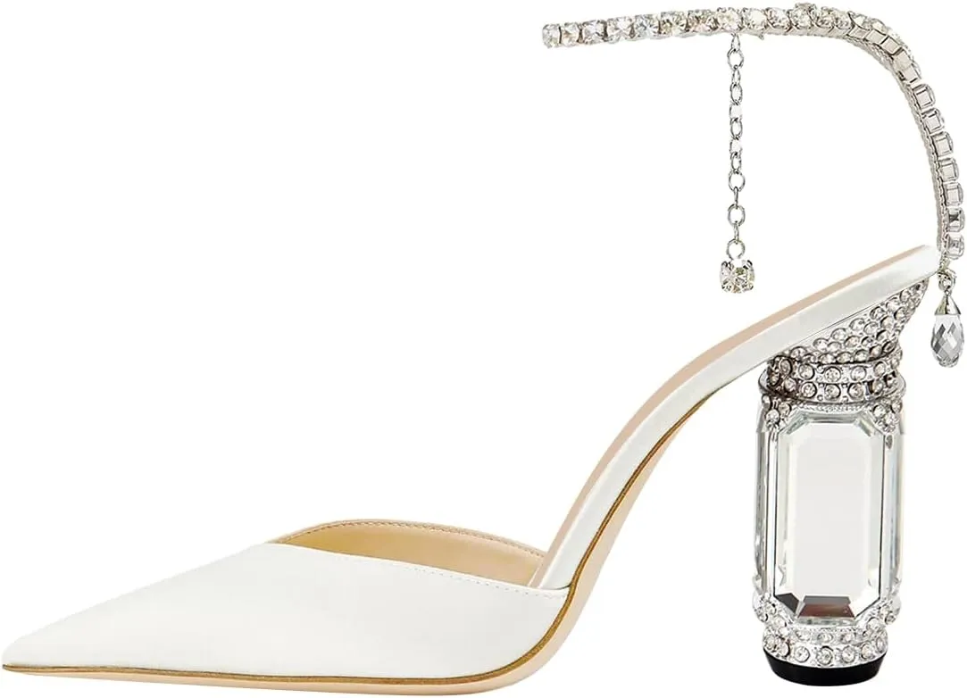 FSJ Women Bridal Heeled Sandals Pointy Toe Crystal Chain Ankle Strap Pumps Luxury Rhinestone Embellished Chunky Heels Wedding Party Dress Shoes Size 4-16 US
