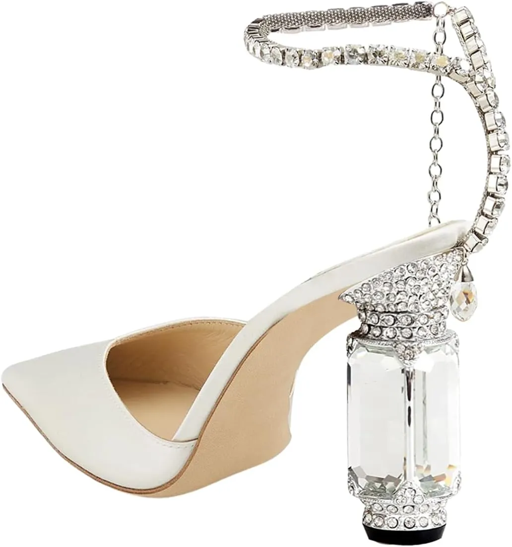 FSJ Women Bridal Heeled Sandals Pointy Toe Crystal Chain Ankle Strap Pumps Luxury Rhinestone Embellished Chunky Heels Wedding Party Dress Shoes Size 4-16 US