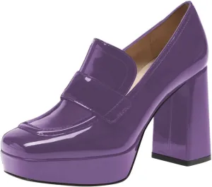 FSJ Women Chic Square Toe Glossy Platform Pumps Chunky High Heel Slip On Party Prom Dress Ladies Casual Loafer Shoes Size 4-15 US