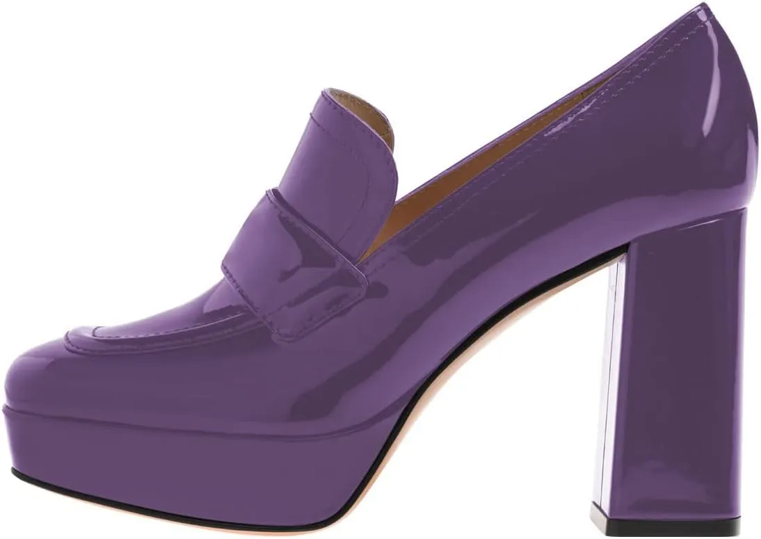 FSJ Women Chic Square Toe Glossy Platform Pumps Chunky High Heel Slip On Party Prom Dress Ladies Casual Loafer Shoes Size 4-15 US