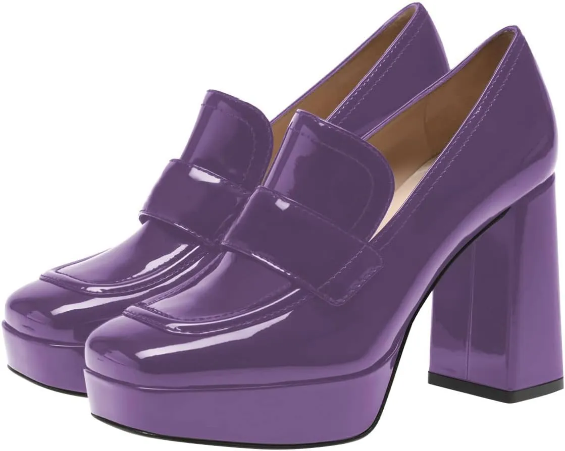 FSJ Women Chic Square Toe Glossy Platform Pumps Chunky High Heel Slip On Party Prom Dress Ladies Casual Loafer Shoes Size 4-15 US